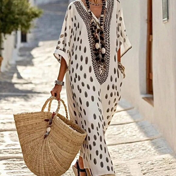 Dresses & Skirts - Apricot Bohemian Women's V-Neck Floral Print 3/4 Sleeve Kaftan Dress Cover Up